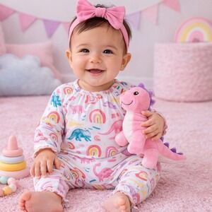 Mud Pie Pink Bamboo Dino Sleeper Footie and Headband Set Size 3-6 Month Dinosaur